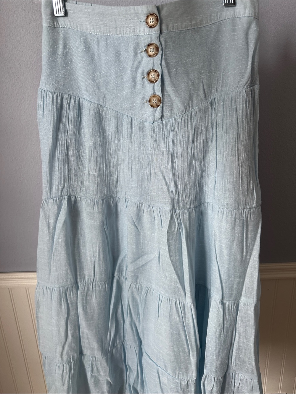 Women’s Light Blue Tiered Maxi Skirt with Button Front